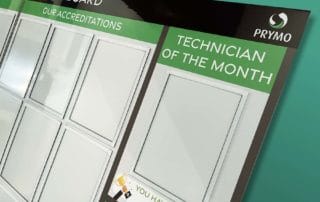 Accreditations and Policies board with document holders - technician of the month