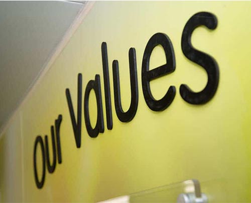 Our Values signage wall visual