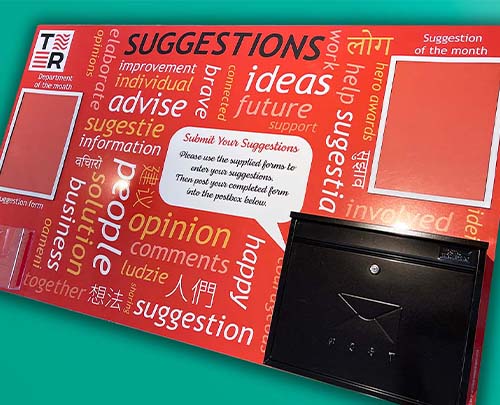 Suggestions board with postbox doc holders